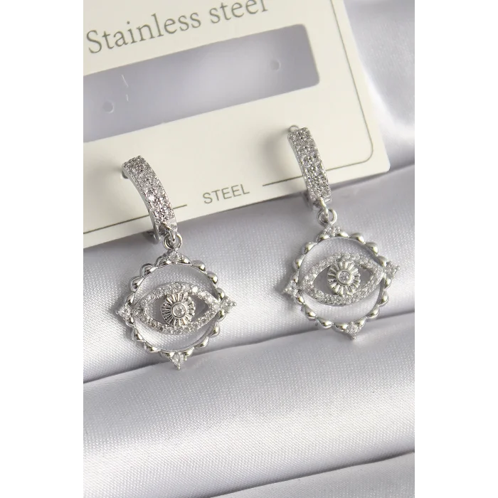 Pirinç Gümüş Renk Zirkon Taşlı Göz Model Kadın Küpe