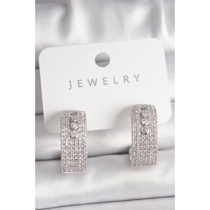 Pirinç Gümüş Renk Zirkon Taşlı Halka Messika Model Kadın Küpe