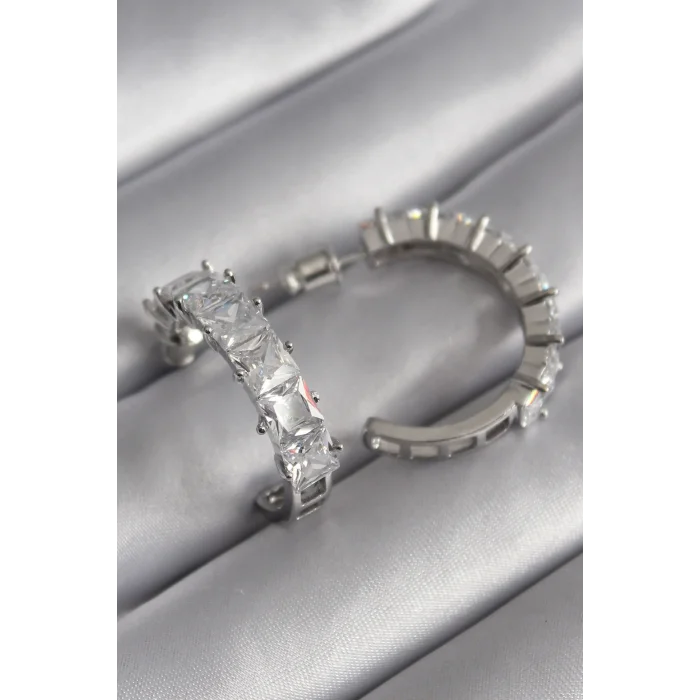 Pirinç Gümüş Renk Zirkon Taşlı Halka Model Kadın Küpe