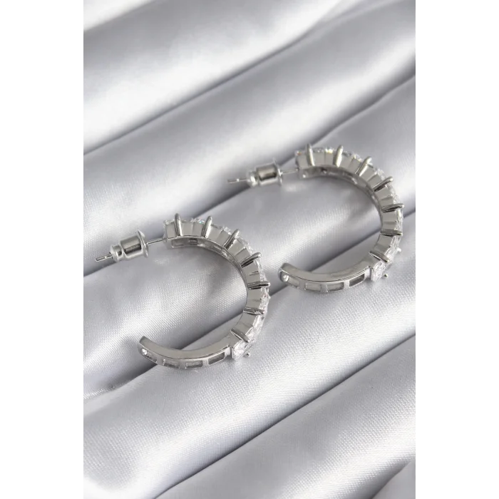 Pirinç Gümüş Renk Zirkon Taşlı Halka Model Kadın Küpe