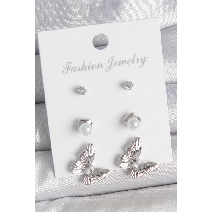 Pirinç Gümüş Renk Zirkon Taşlı İnci Detaylı Kelebek Model 3 Çift Kadın Küpe Seti