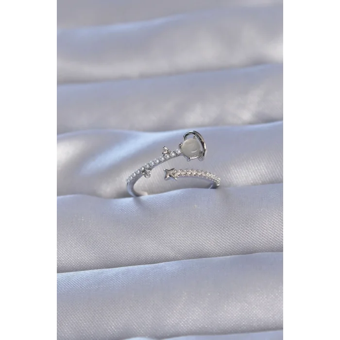 Pirinç Gümüş Renk Zirkon Taşlı İncili Satürn Model Ayarlanabilir Yüzük