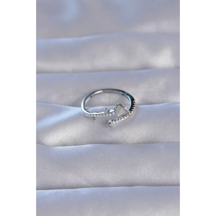 Pirinç Gümüş Renk Zirkon Taşlı İncili Satürn Model Ayarlanabilir Yüzük