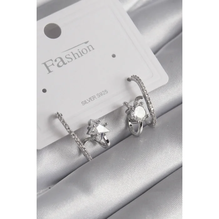 Pirinç Gümüş Renk Zirkon Taşlı Kadın Küpe