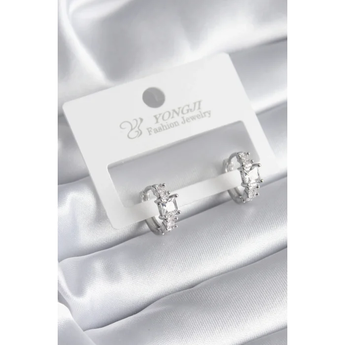 Pirinç Gümüş Renk Zirkon Taşlı Kadın Küpe