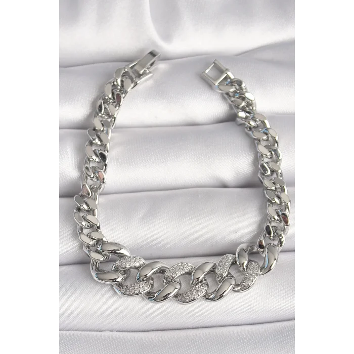 Pirinç Gümüş Renk Zirkon Taşlı Kalın Halka Model Kadın Bileklik