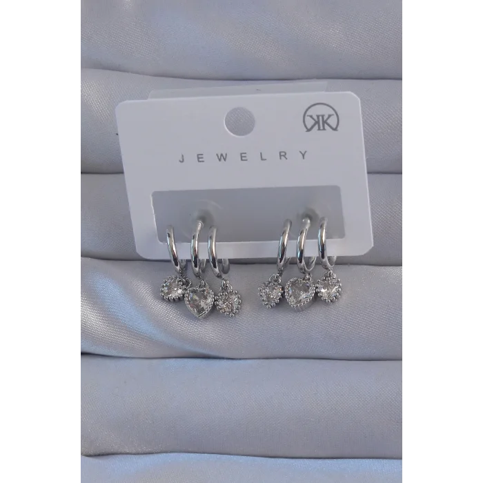 Pirinç Gümüş Renk Zirkon Taşlı Kalp Model Çoklu Görünüm Yarım Halka Küpe