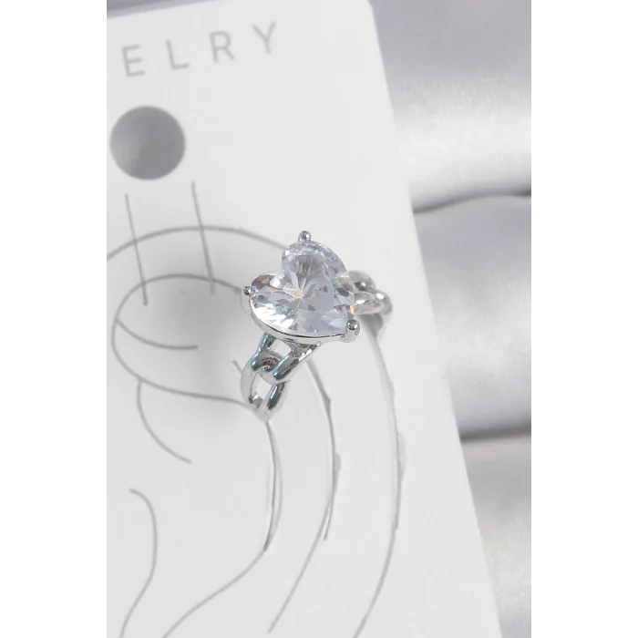 Pirinç Gümüş Renk Zirkon Taşlı Kalp Model Kadın Kıkırdak Küpe