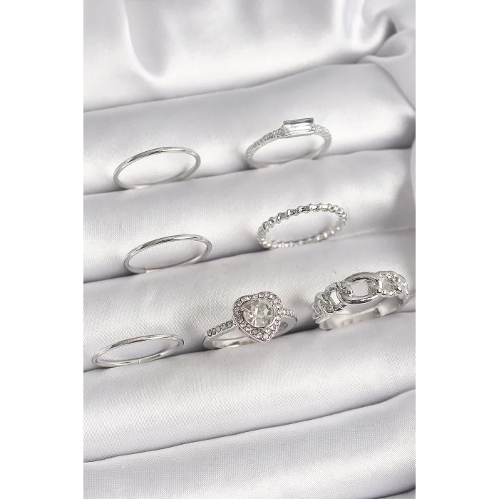 Pirinç Gümüş Renk Zirkon Taşlı Kalp Model Kadın Yüzük Kombini