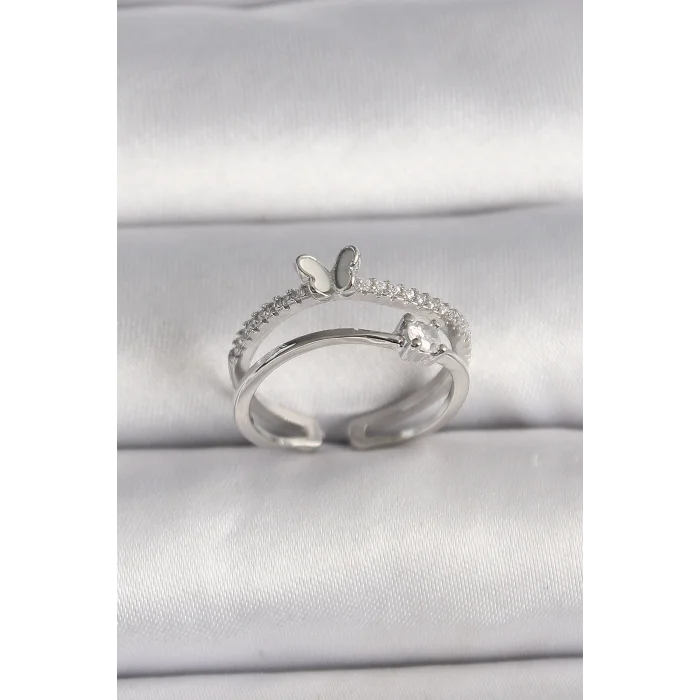 Pirinç Gümüş Renk Zirkon Taşlı Kelebek Figürlü Ayarlanabilir Yüzük