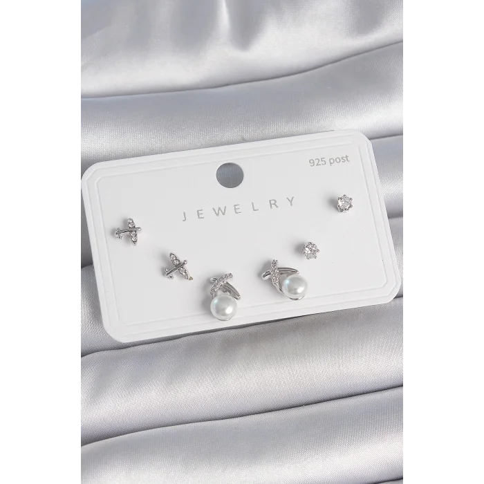 Pirinç Gümüş Renk Zirkon Taşlı Kelebek Model İnci Detay 925 Ayar Gümüş Çivi Kadın Küpe Seti