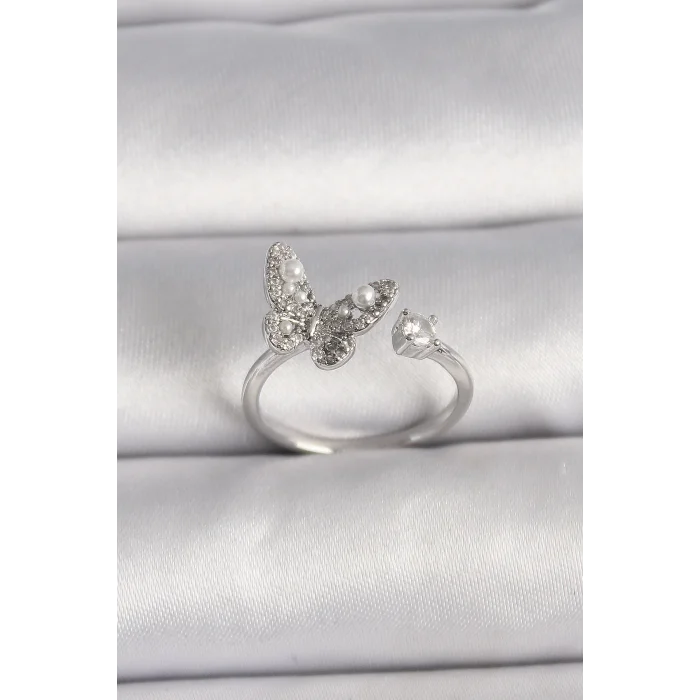 Pirinç Gümüş Renk Zirkon Taşlı Kelebek Model İnci Detay Ayarlanabilir Yüzük