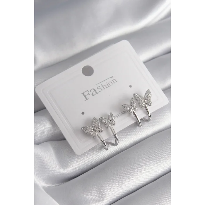 Pirinç Gümüş Renk Zirkon Taşlı Kelebek Model Kadın Küpe