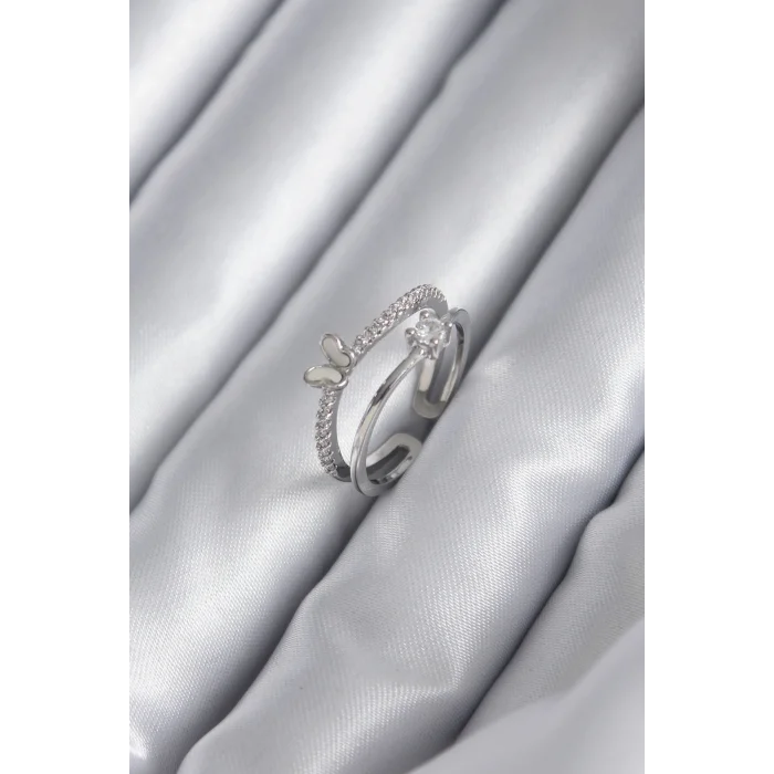 Pirinç Gümüş Renk Zirkon Taşlı Kelebek Model Kadın Yüzük