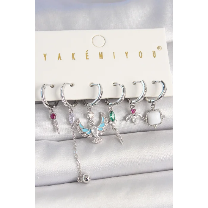 Pirinç Gümüş Renk Zirkon Taşlı Kuş Figür Çiçek Detay 6Lı Kadın Kombin Küpe