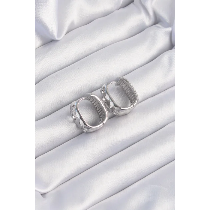 Pirinç Gümüş Renk Zirkon Taşlı Minimal Halka Küpe