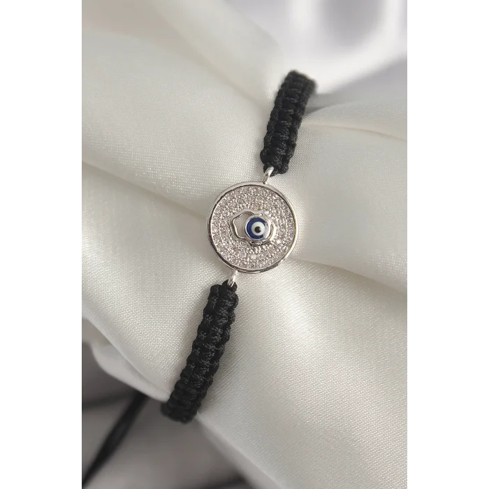 Pirinç Gümüş Renk Zirkon Taşlı Nazar Boncuk İşleme Makrome Asansörlü Model Kadın Bileklik