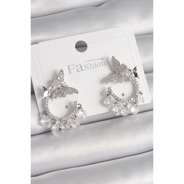 Pirinç Gümüş Renk Zirkon Taşlı Sallantı Detay Kelebek Model Kadın Küpe