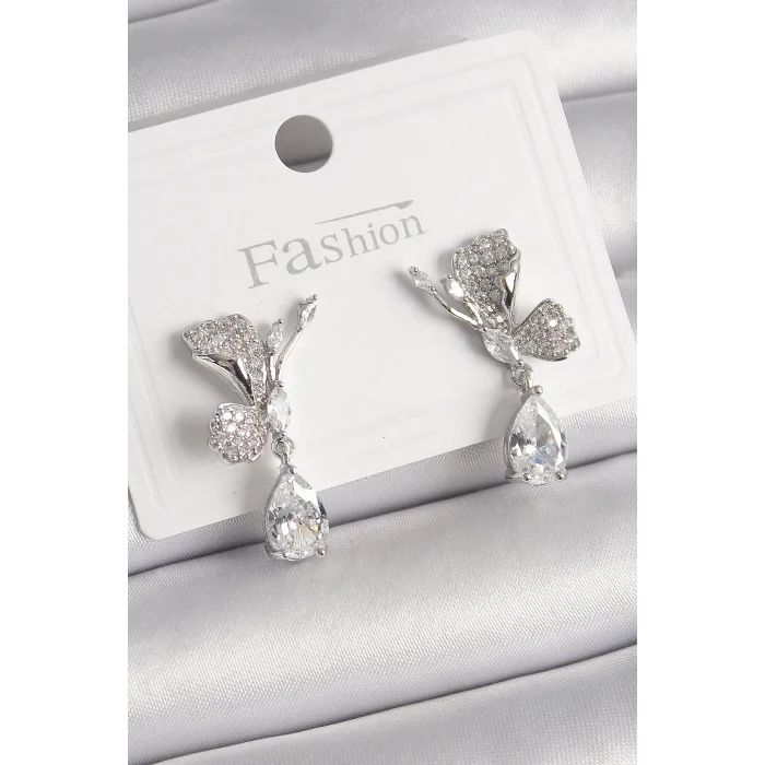 Pirinç Gümüş Renk Zirkon Taşlı Turna Kuşu Model Sallantı Detay Kadın Küpe