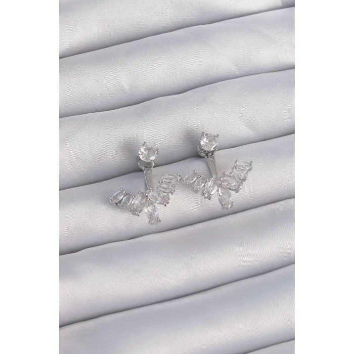 Pirinç Gümüş Renk Zirkon Taşlı V Model Küpe