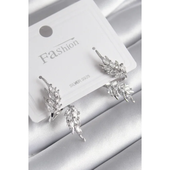 Pirinç Gümüş Renk Zirkon Taşlı Yaprak Model Kadın Küpe