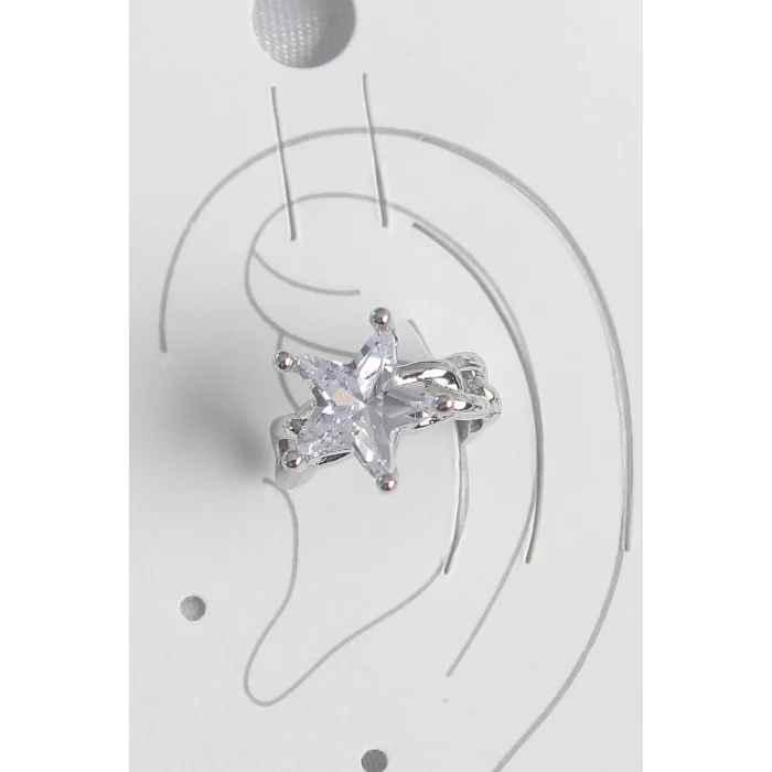 Pirinç Gümüş Renk Zirkon Taşlı Yıldız Model Kadın Kıkırdak Küpe