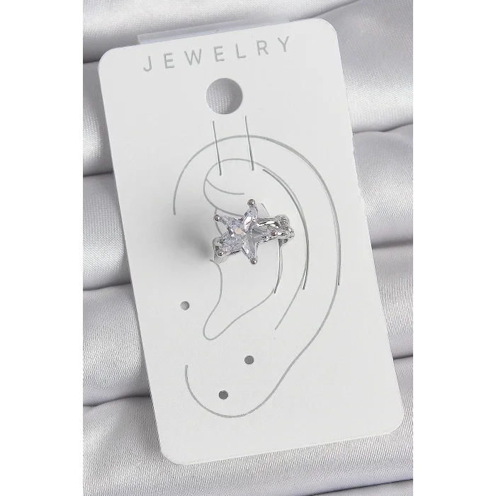 Pirinç Gümüş Renk Zirkon Taşlı Yıldız Model Kadın Kıkırdak Küpe