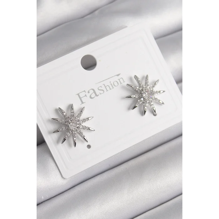 Pirinç Gümüş Renk Zirkon Taşlı Yıldız Model Kadın Küpe