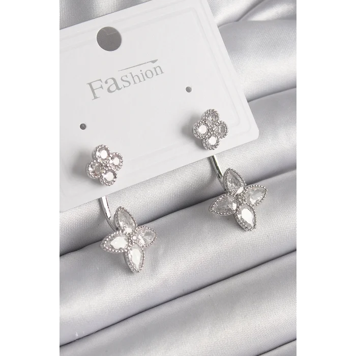 Pirinç Gümüş Renk Zirkon Taşlı Yonca Model Kadın Küpe