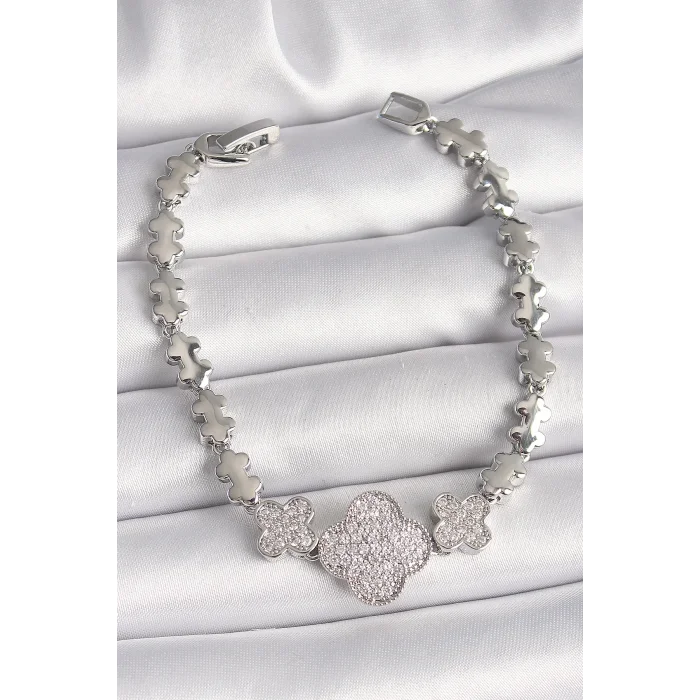 Pirinç Gümüş Renk Zirkon Taşlı Yonca Model Zincir Model Kadın Bileklik