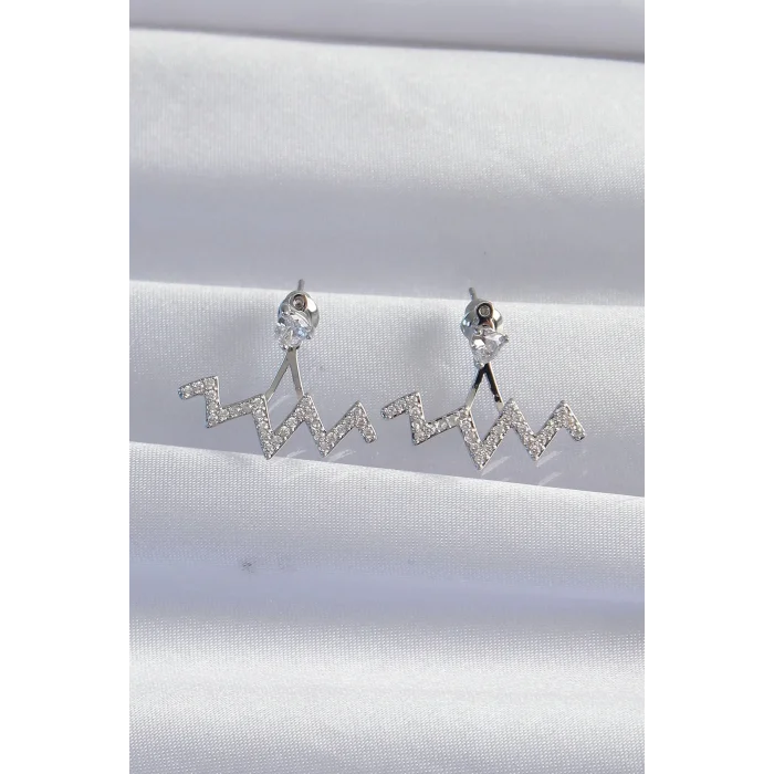 Pirinç Gümüş Renk Zirkon Taşlı Zikzak Küpe