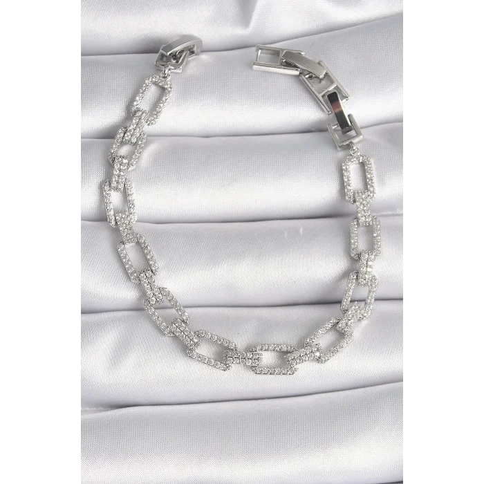 Pirinç Gümüş Renk Zirkon Taşlı Zincir Model VIP Seri Kadın Bileklik