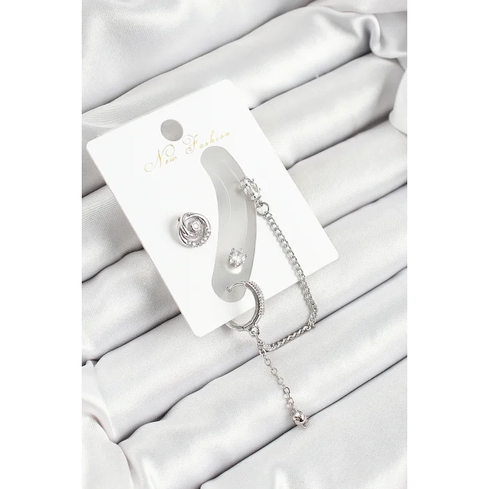 Pirinç Halka Figürlü Zirkon Taşlı Gümüş Renk 3lü Kıkırdak Kadın Küpe Set