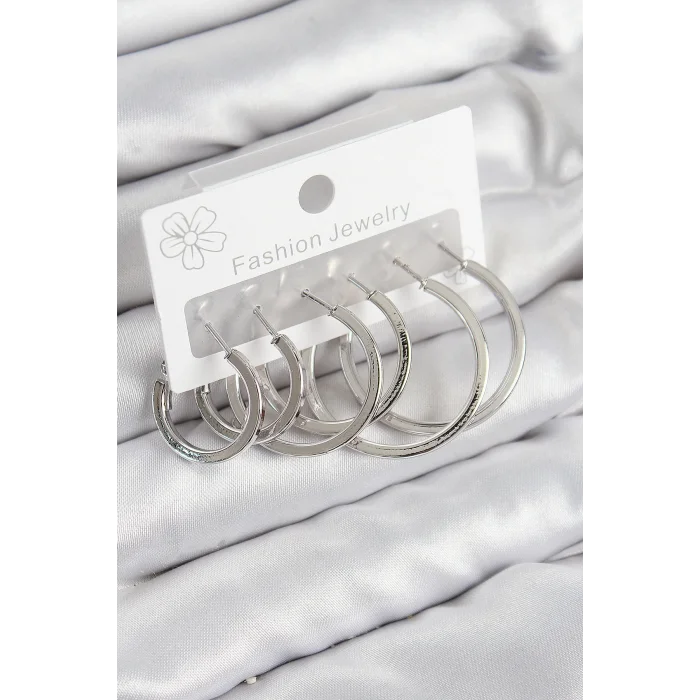 Pirinç Halka Model Gümüş Renk Kadın Set Küpe