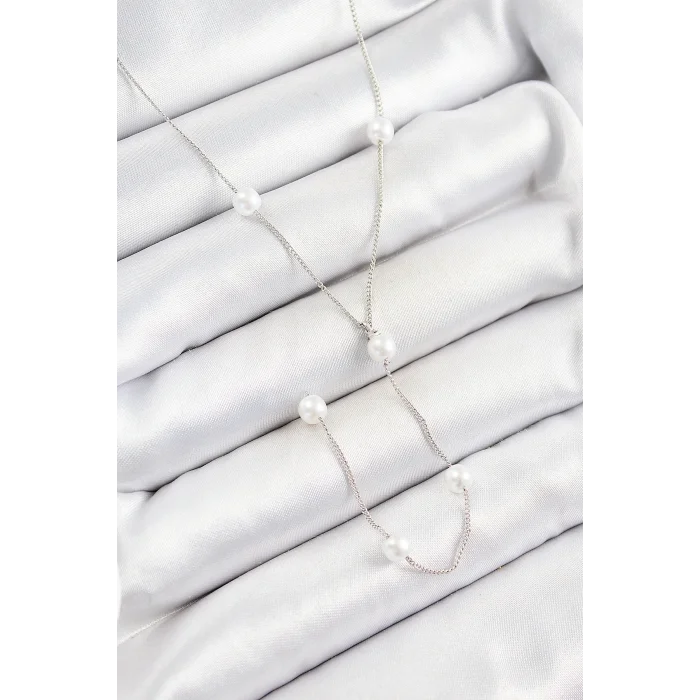 Pirinç İnci Figürlü Y Model Gümüş Renk Kadın Kolye