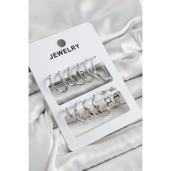 Pirinç Karışık Halka Model Gümüş Renk 6 Çift Kadın Küpe Set
