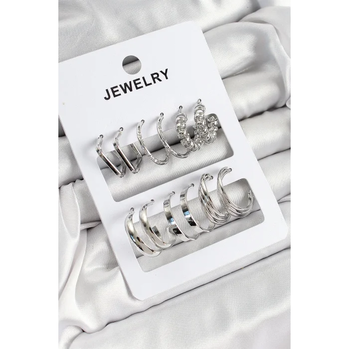 Pirinç Karışık Halka Model Gümüş Renk 6 Çift Kadın Küpe Set