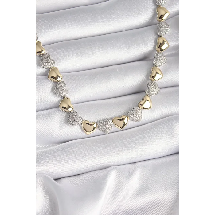 Pirinç Mix Renk Zirkon Taşlı Kalp Model VIP Exclusive Seri Kadın Kolye