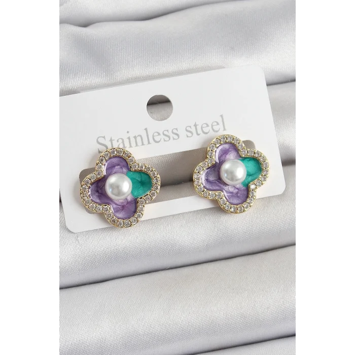 Pirinç Mor Mineli İnci Detaylı Zirkon Taşlı Sanatsal Portre Yonca Model Gold Renk Kadın Küpe