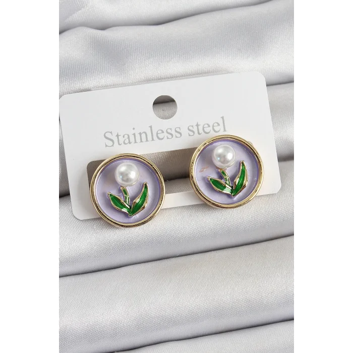 Pirinç Mor Mineli Lale Figürlü Sanatsal Portre Model Gold Renk Kadın Küpe