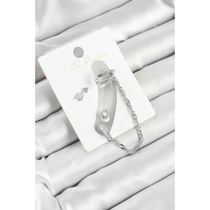 Pirinç Ok Figürlü Zirkon Taşlı Gümüş Renk 3lü Kıkırdak Kadın Küpe Set