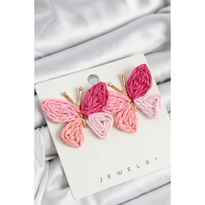 Pirinç Pembe Kelebek Model Gold Renk Kadın Hasır Küpe