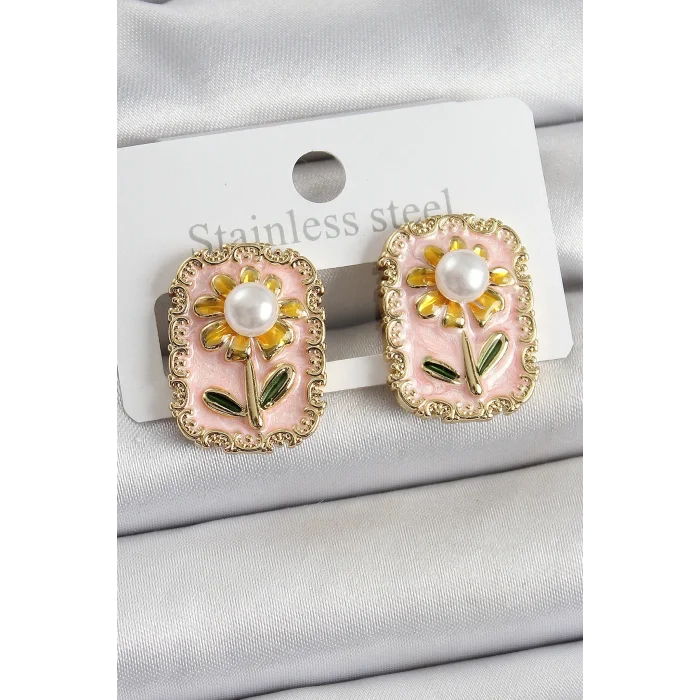 Pirinç Pembe Mineli Papatya Figürlü Sanatsal Portre Model Gold Renk Kadın Küpe