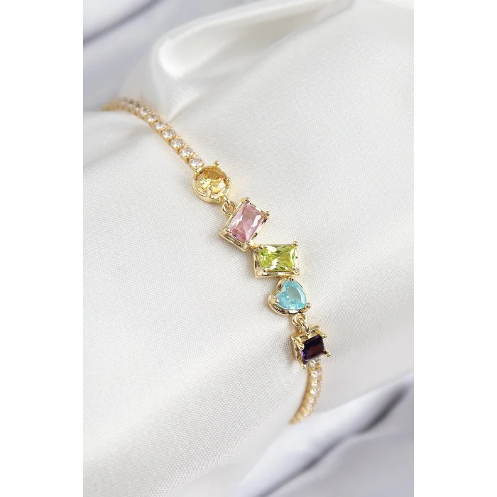 Pirinç Renkli Zirkon Taşlı Geometrik Model Gold Renk Kadın Bileklik