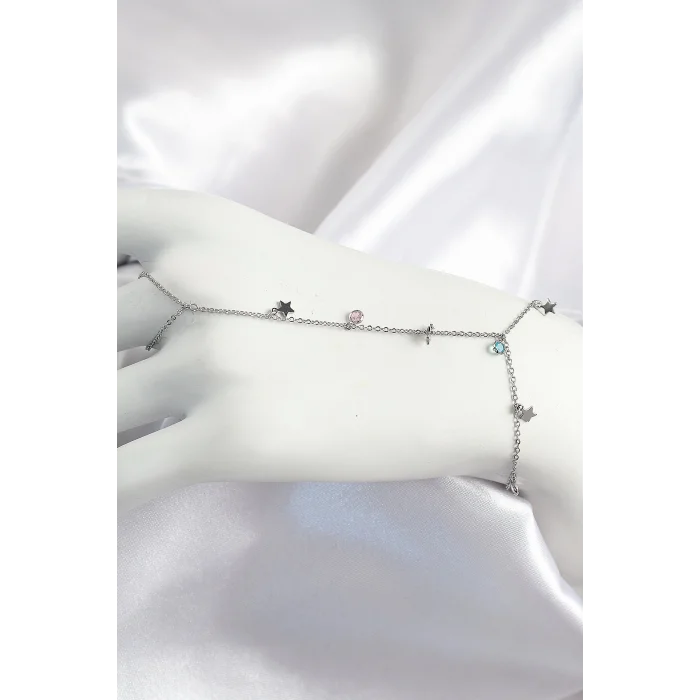 Pirinç Renkli Zirkon Taşlı Sallantılı Yıldızlı Model Gümüş Renk Kadın Şahmeran