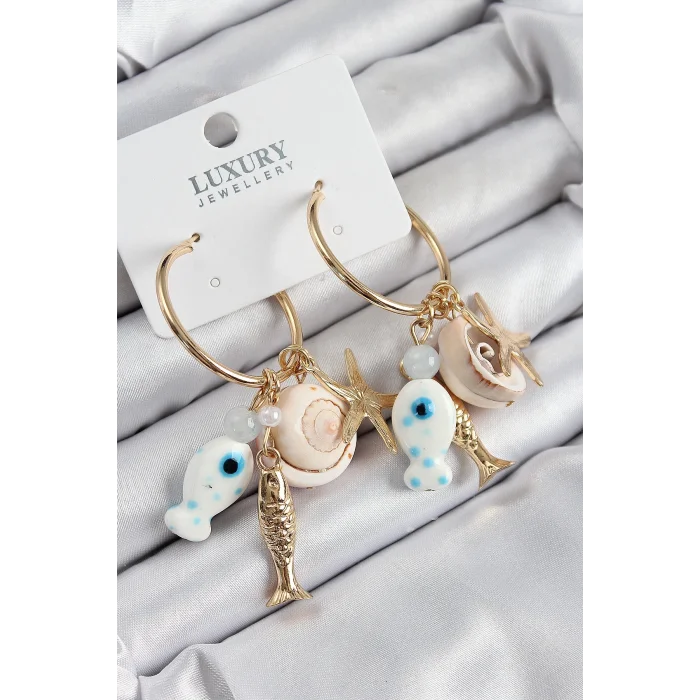 Pirinç Sallantılı Seramik Balık Ve Deniz Kabuğu Model Gold Renk Kadın Küpe