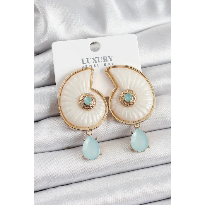 Pirinç Sedef Deniz Kabuğu Figürlü Zirkon Taşlı Gold Renk Kadın Küpe