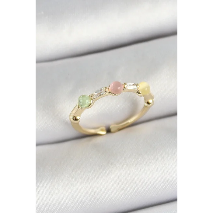 Pirinç Sıralı Boncuk Figürlü Zirkon Taşlı Gold Renk Ayarlanabilir Kadın Yüzük