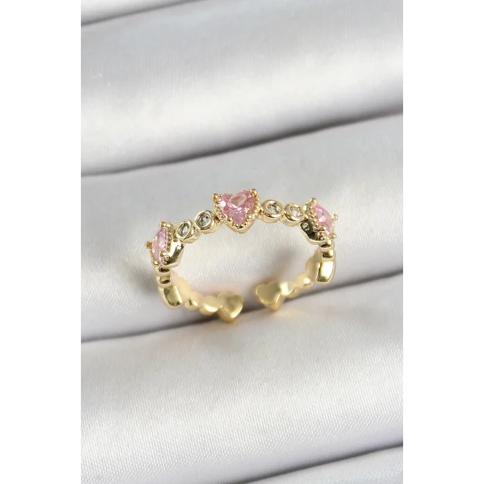 Pirinç Sıralı Kalp Figürlü Zirkon Taşlı Gold Renk Ayarlanabilir Kadın Yüzük
