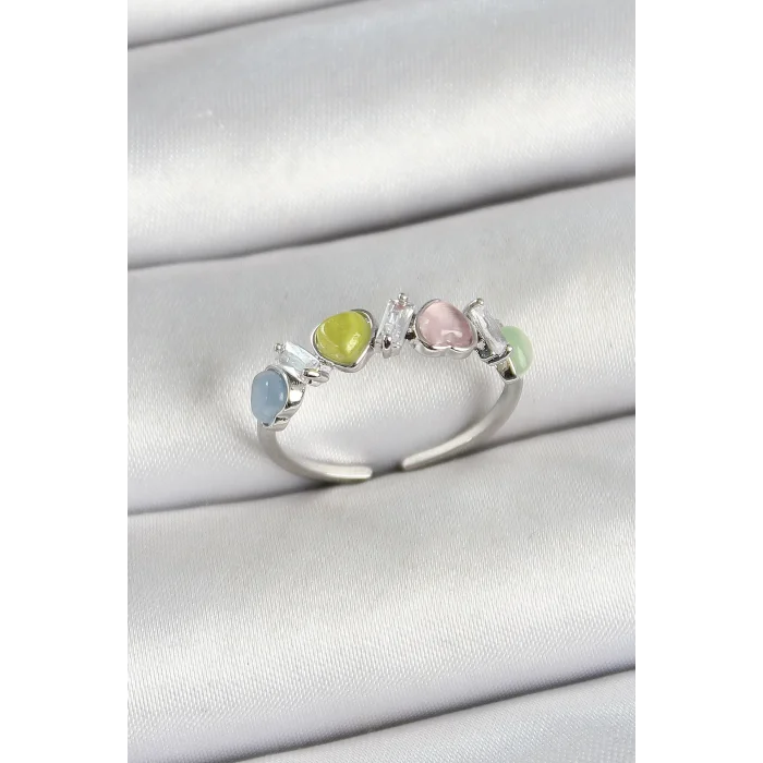 Pirinç Sıralı Kalp Figürlü Zirkon Taşlı Gümüş Renk Ayarlanabilir Kadın Yüzük